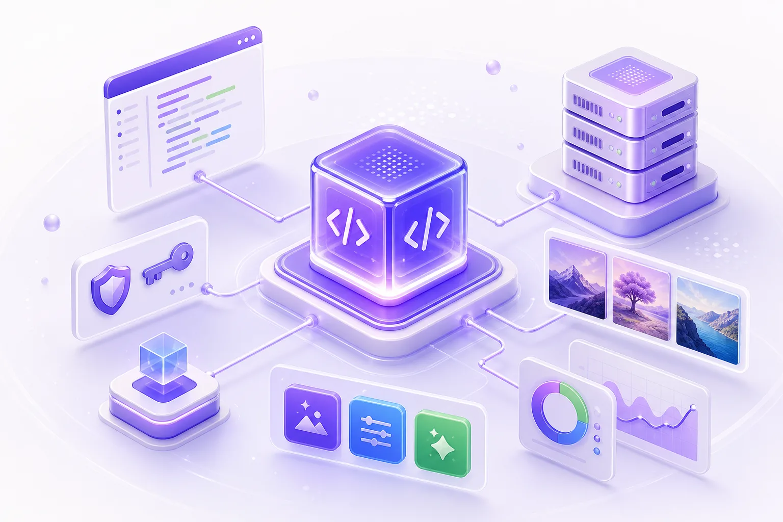 Generated API integration illustration with connected code, server, security, image, and analytics panels